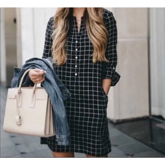 Soft Joie Iselyn Black Plaid Shirt Dress Sz XS Long Roll Tab Sleeves Above Knee - Picture 3 of 11